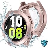 Kamita Wasserdicht Hülle Kompatibel mit Samsung Galaxy Watch 4 5 44mm, Hart PC Schutz Case mit 9H Displayschutz aus Gehärtetem Glas, Rundum Bumper Cover Schutzhülle für Galaxy Watch4 Watch5(Roségold)